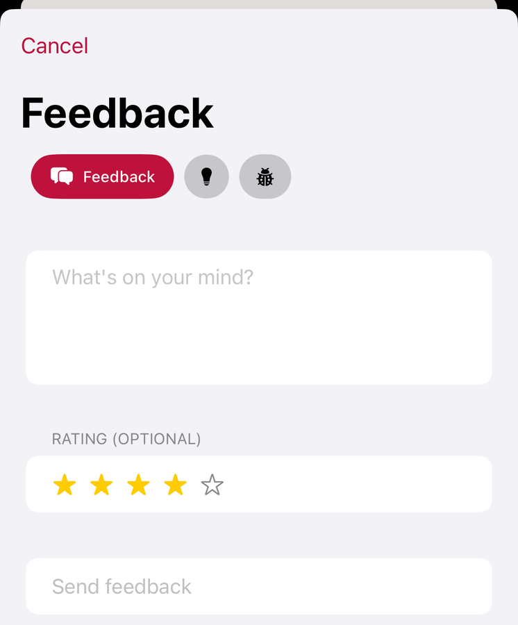 The prebuilt FeedbackSheet SwiftUI view, showing feedback/idea/bug type chips and a five-star rating control with four stars filled in
